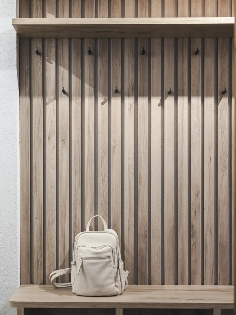 Conception d'un meuble d'entrée en bois avec des tasseaux par Marjolaine Berthet Interior Design, Architecte d'intérieur à Chamonix 74